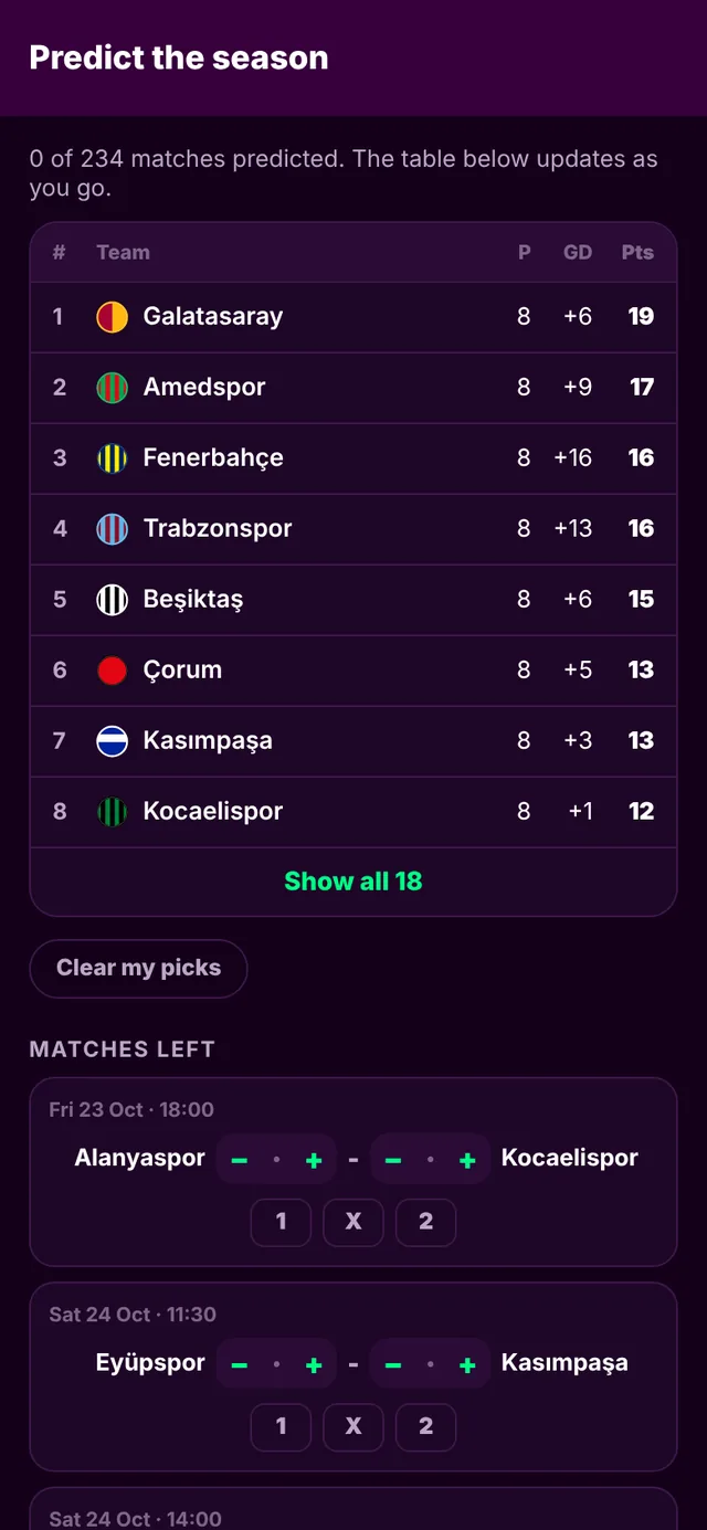 Season predictor with the table and the matches left to play